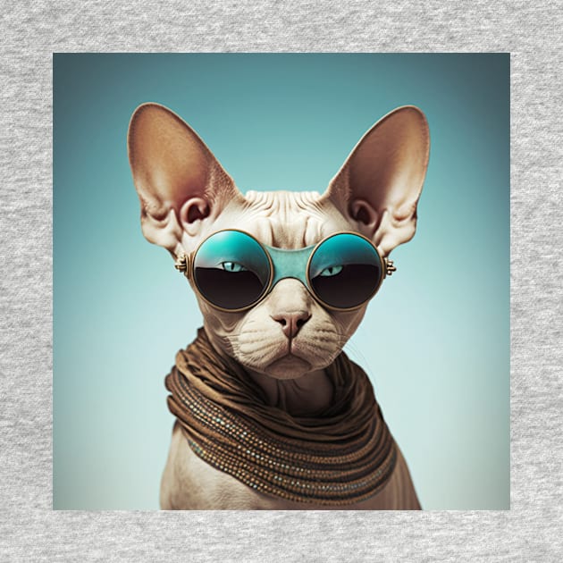 Concentrated sphinx cat with glasses looks at the camera on a blue background by KOTYA